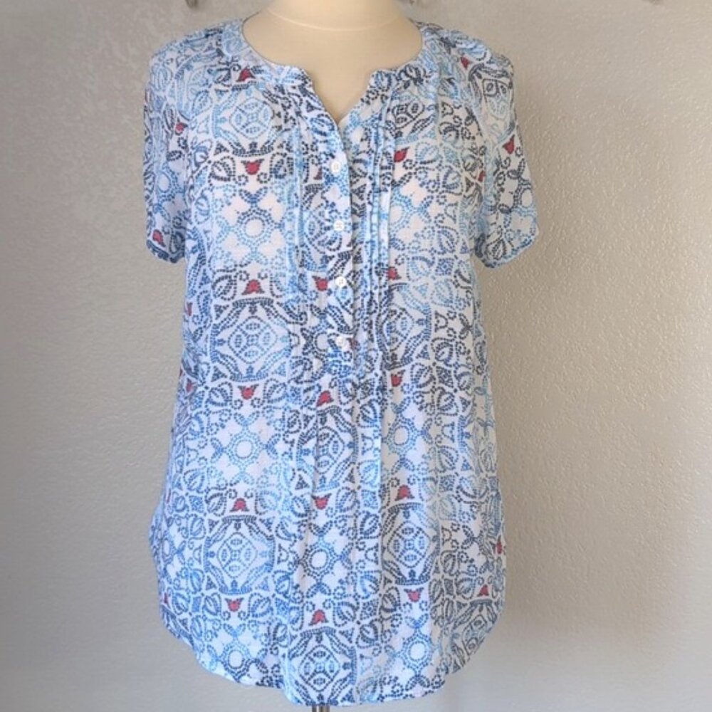 CJ Banks 1X Blouse Short Cap Sleeves Split V-Neck 1/4 Button Front Pleated